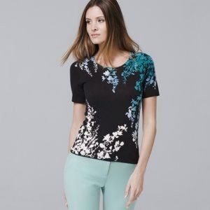 WHBM short sleeve sweater top black teal floral
